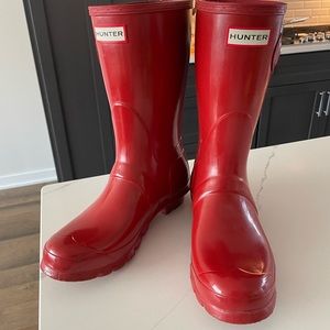 Women’s Hunter Short Red Gloss Rain Boots Winter Rubber Excellent  8